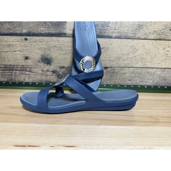 RARE - Crocs Sanrah Hammered Circle Slide Sandals Size 10 Navy Charcoal Silver - Picture 4 of 7